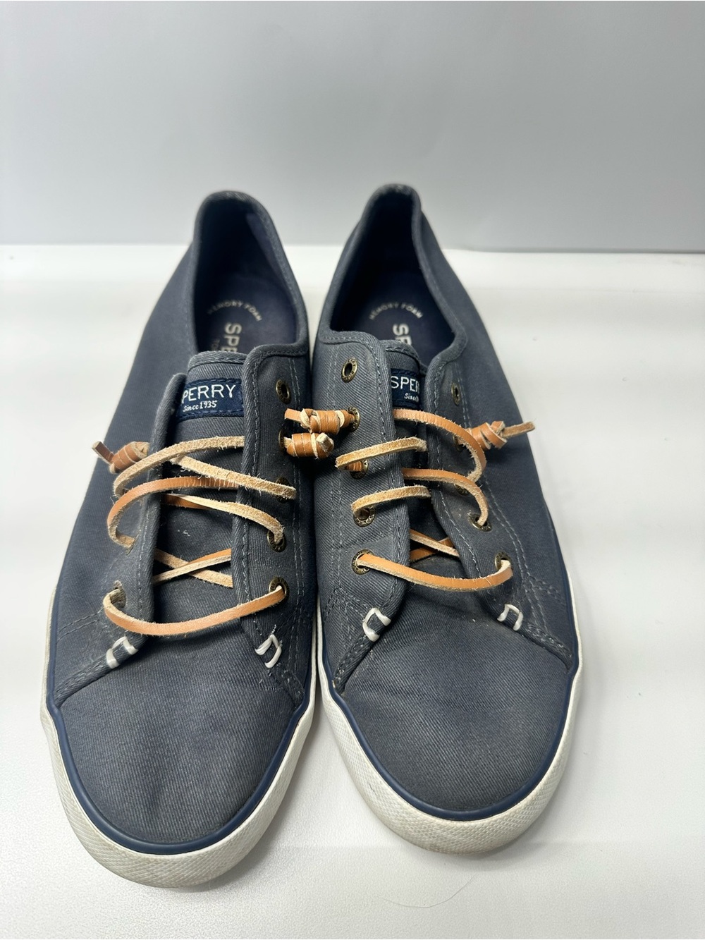 Sperry Women's Navy Canvas Boat Sneakers with Tan Leather Laces
